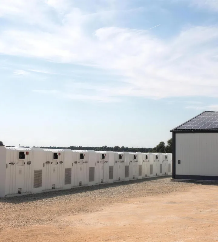 Batteriespeicher-Container neben einer Gewerbehalle mit Solardach